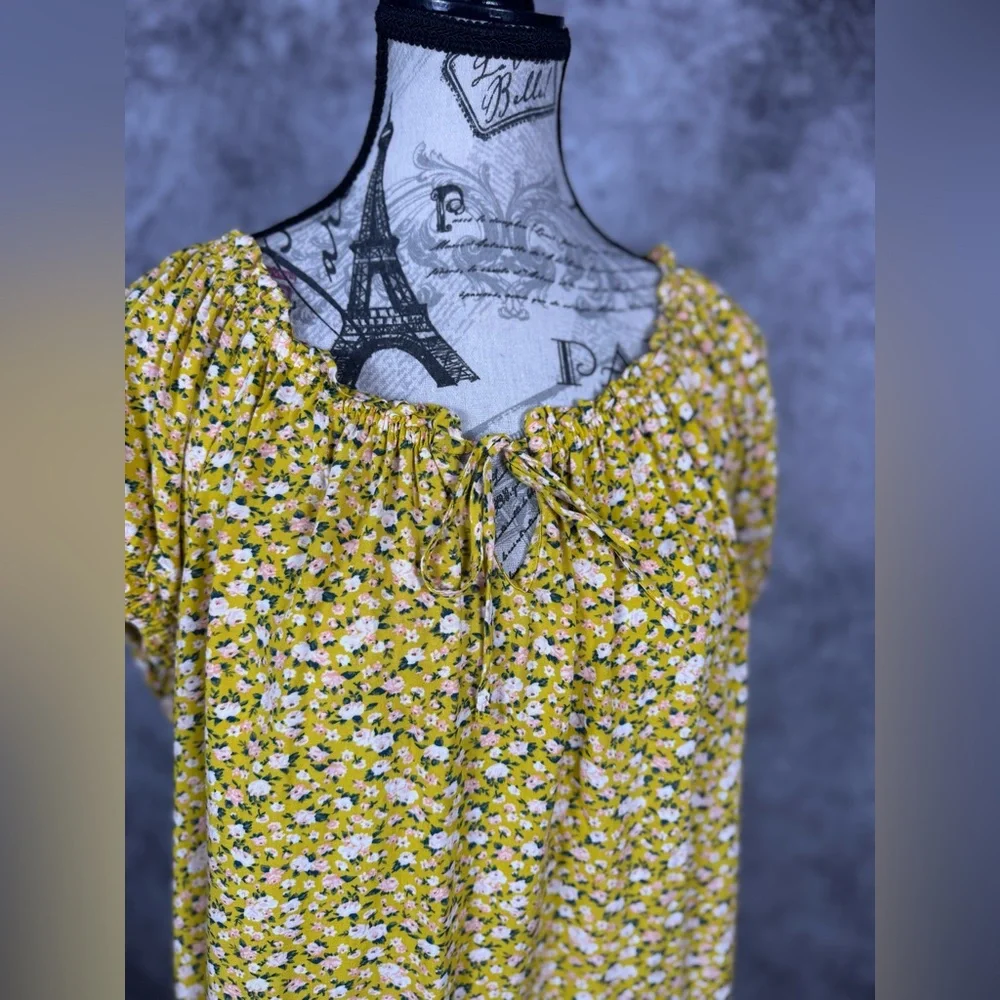 Old Navy Yellow Floral Cottagecore Peasant Blouse Tie Neck Rayon Top L